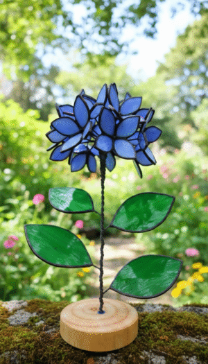 "Blue Handmade Stained Glass Hydrangea" - Table plant, Outdoor & Gardening Flower Decor