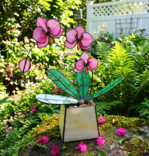 “Pink Handmade Orchid 3 Flowers With Pot” – Stained Glass Tropical Flower 3D, Sun Catcher, Table Plant Decor, Outdoor & Gardening Flower Decor, Special Gift