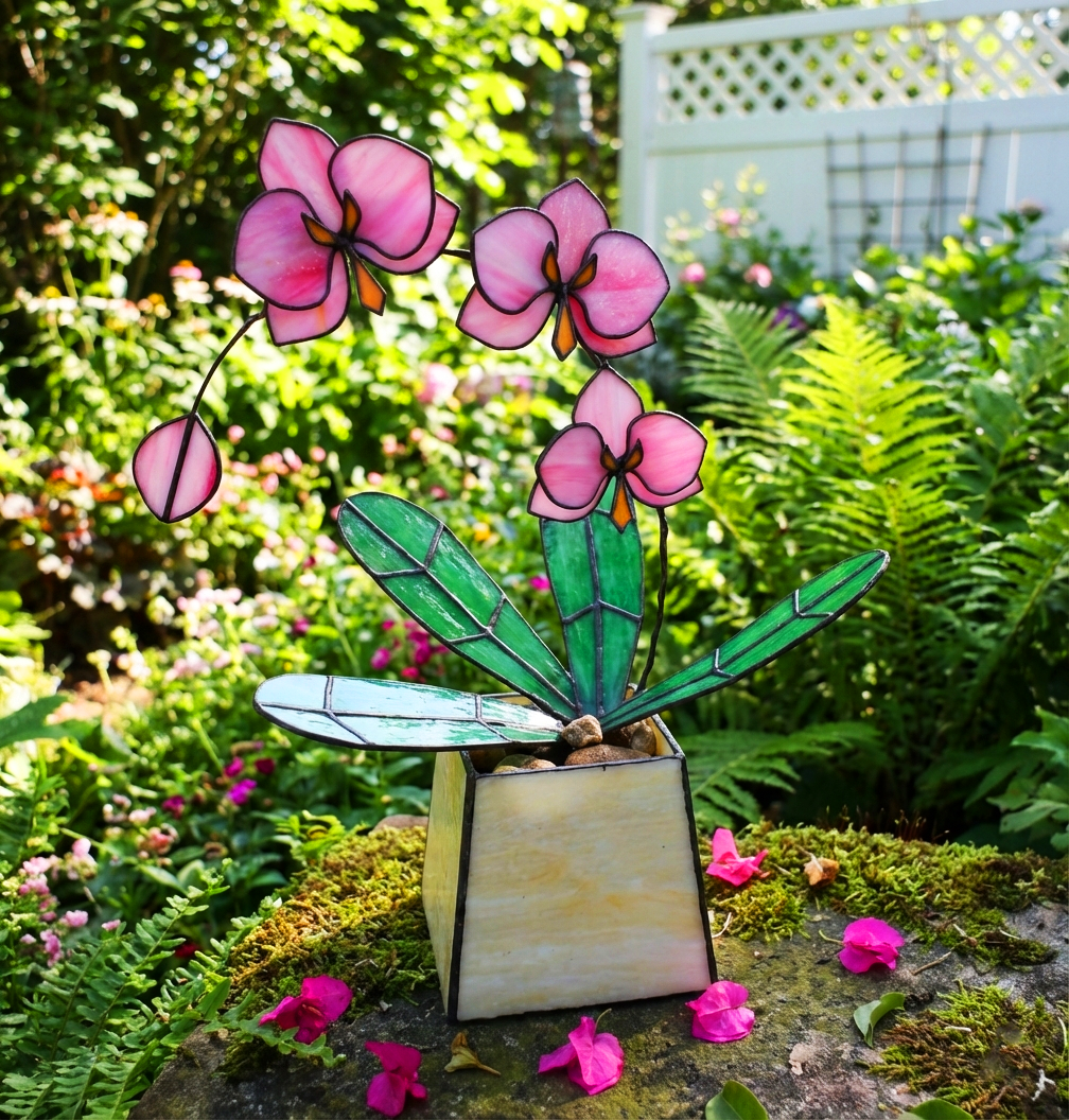 “Pink Handmade Orchid 3 Flowers With Pot” – Stained Glass Tropical Flower 3D, Sun Catcher, Table Plant Decor, Outdoor & Gardening Flower Decor, Special Gift