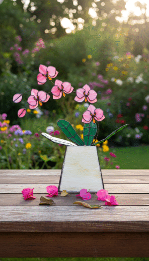 "Pink Handmade Orchid 5 Flowers With Pot" - Stained Glass Tropical Flower 3D, Sun Catcher, Table Plant Decor, Outdoor & Gardening Flower Decor, Special Gift