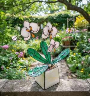 “White Handmade Orchid 3 Flowers Orchid With Pot” – Stained Glass Tropical Flower 3D, Sun Catcher, Table Plant Decor, Outdoor & Gardening Flower Decor, Special Gift