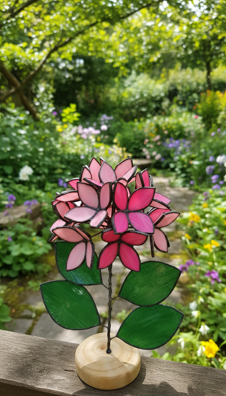 “Pink Handmade Stained Glass Hydrangea” – Table plant, Outdoor & Gardening Flower Decor