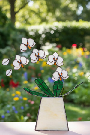 “White Handmade Orchid 5 Flowers Orchid With Pot” – Stained Glass Tropical Flower 3D, Sun Catcher, Table Plant Decor, Outdoor & Gardening Flower Decor, Special Gift